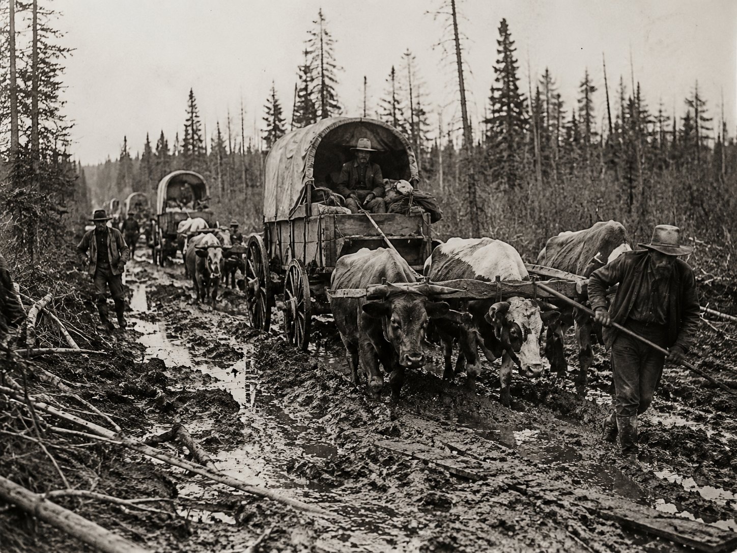 Ox-drawn wagons bogged in the mud of the Edson Trail — the brutal 1911 route that carried settlers north.