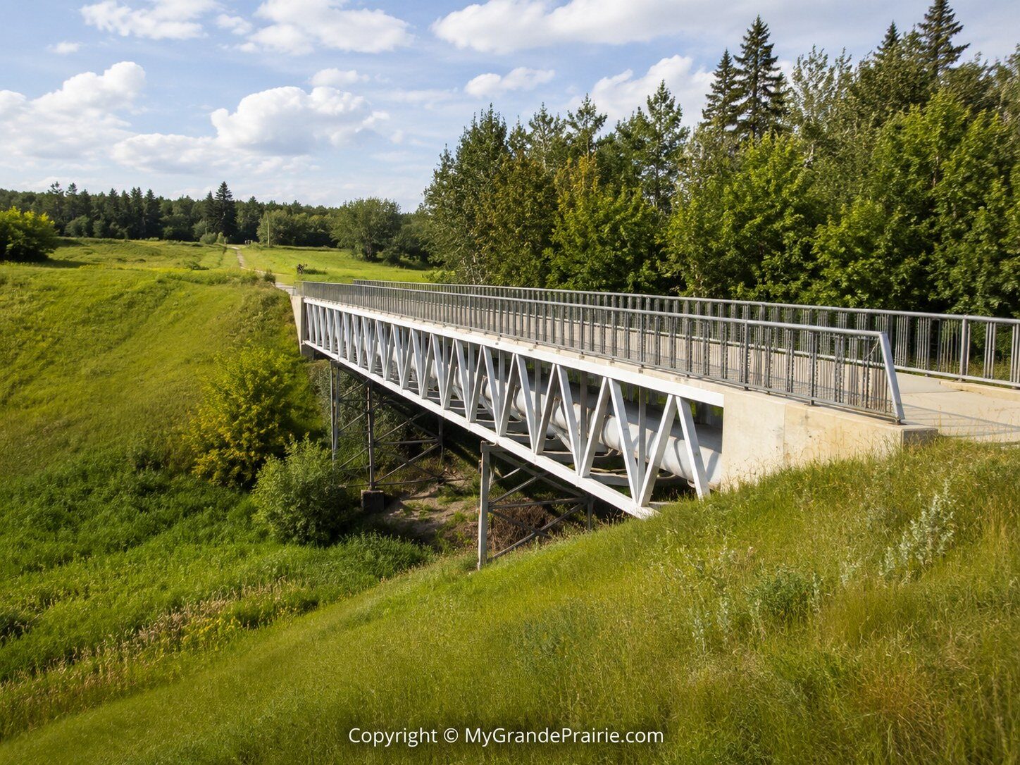 A trail bridge in a wooded river valley